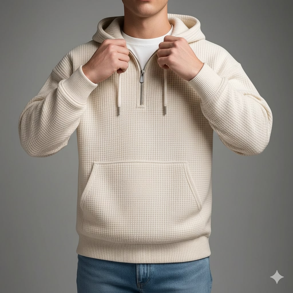 Charles Men’s Waffle Hoodie – Soft Waffle-Knit Half-Zip Sweater for Casual Layering