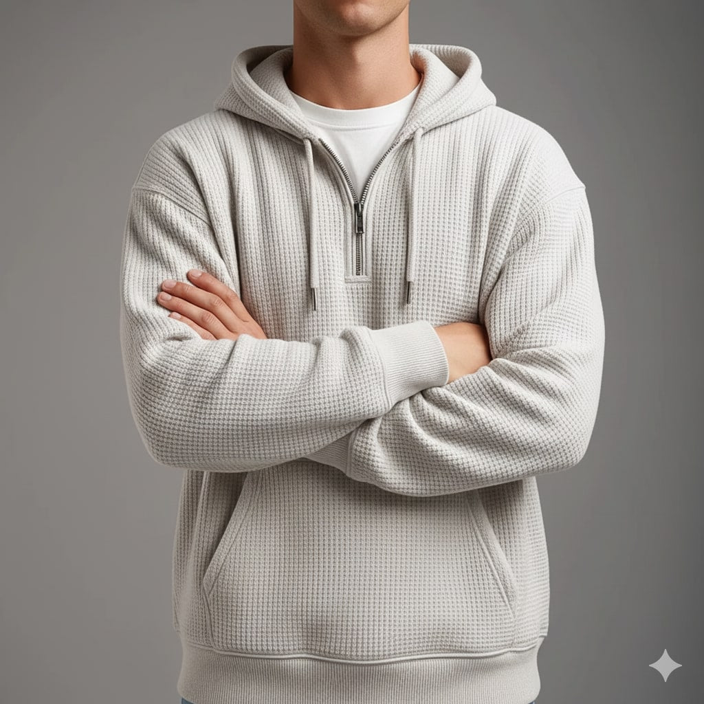 Charles Men’s Waffle Hoodie – Soft Waffle-Knit Half-Zip Sweater for Casual Layering