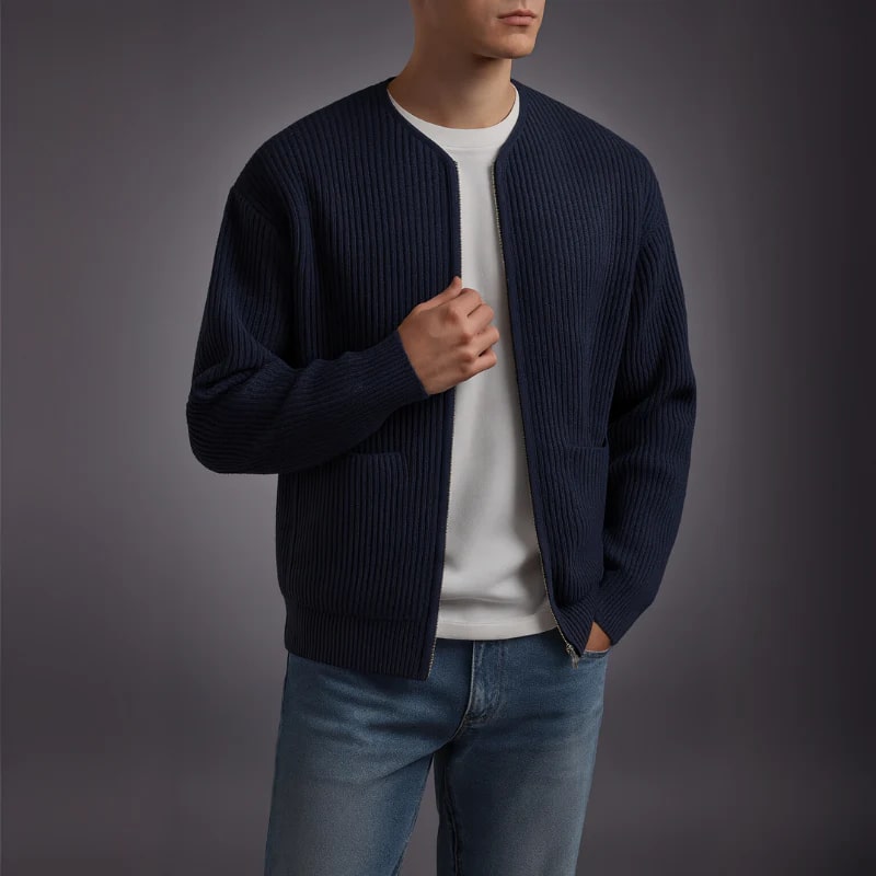 Zoren Men’s Knit Cardigan – Zip Up Sweater with Front Patch Pockets