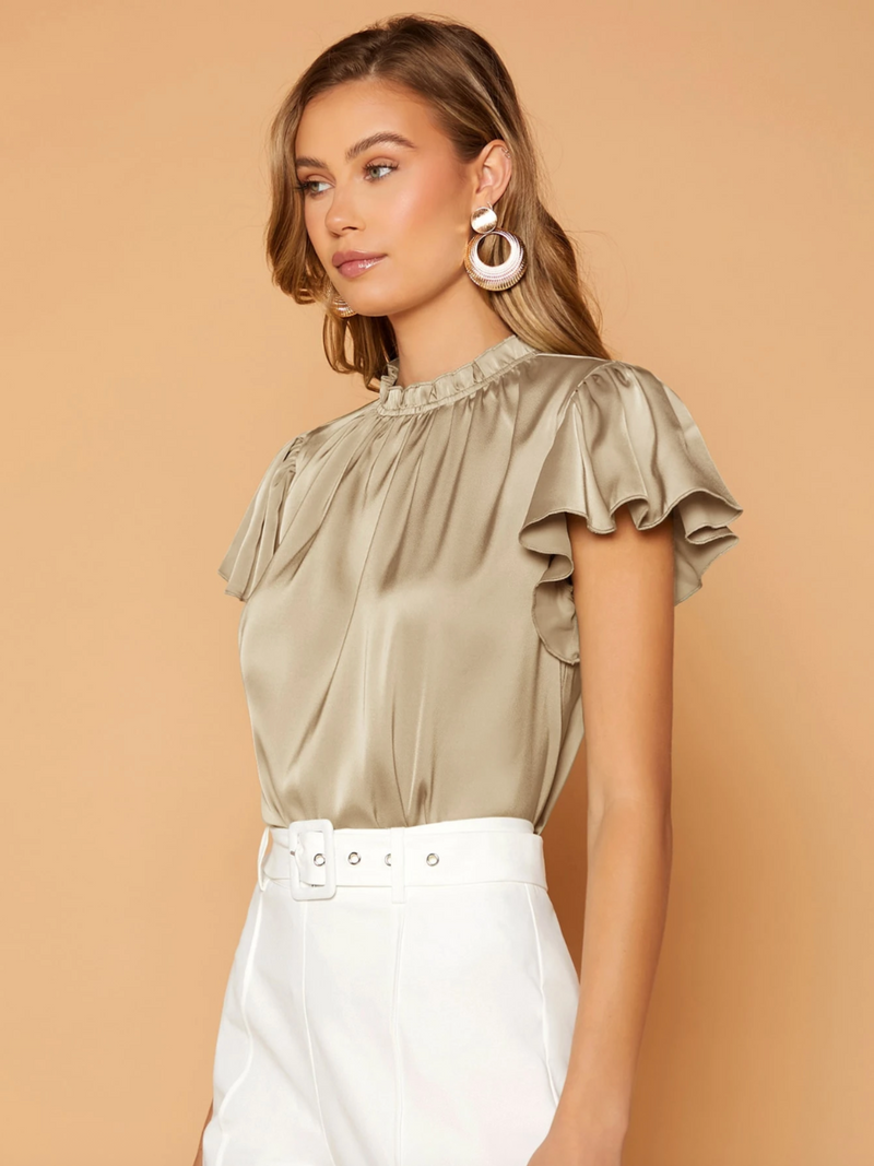 Camille Gathered Neck Blouse – Elegant Puff Sleeve Top in Soft Satin Drape