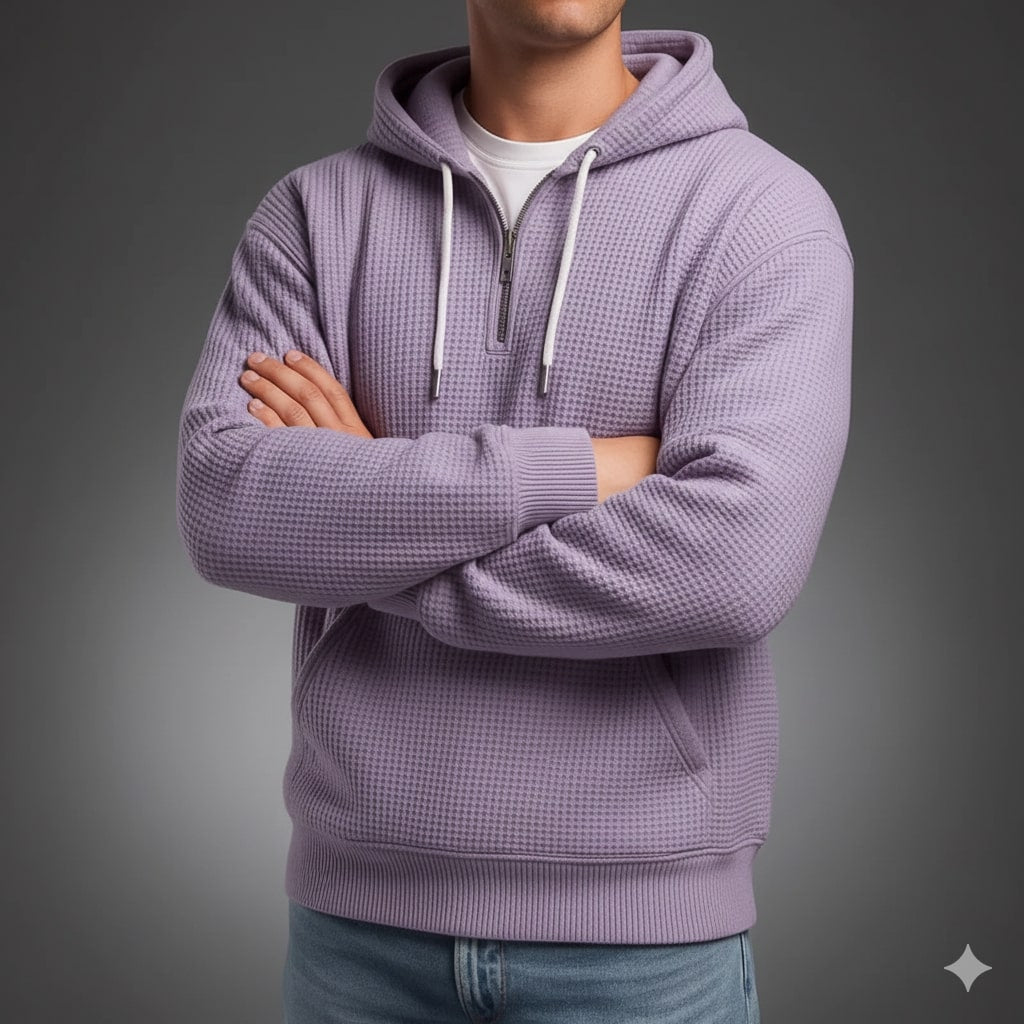 Charles Men’s Waffle Hoodie – Soft Waffle-Knit Half-Zip Sweater for Casual Layering