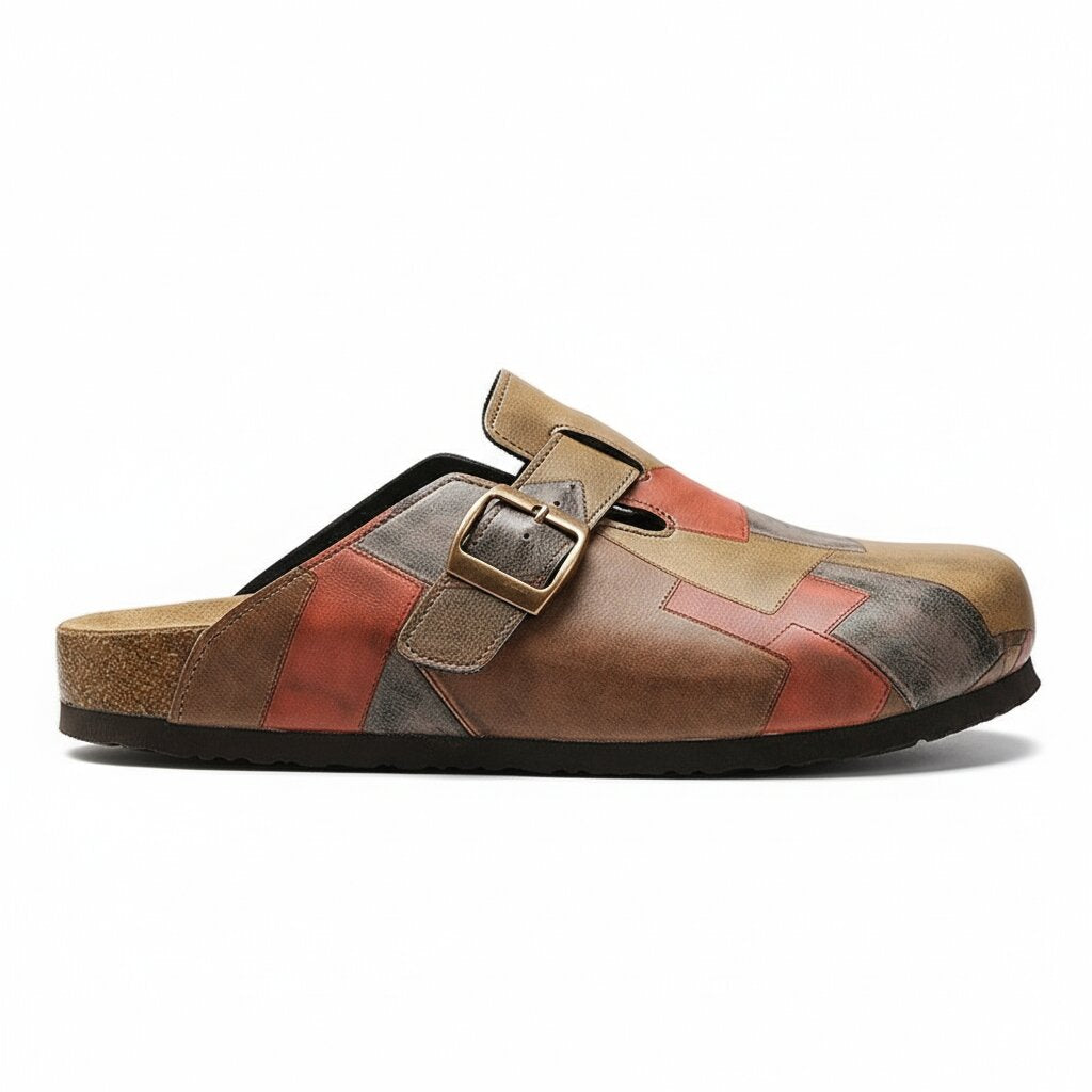 Gavin Genuine Leather Patchwork Clogs – Buckled Slip-On Casual Shoes