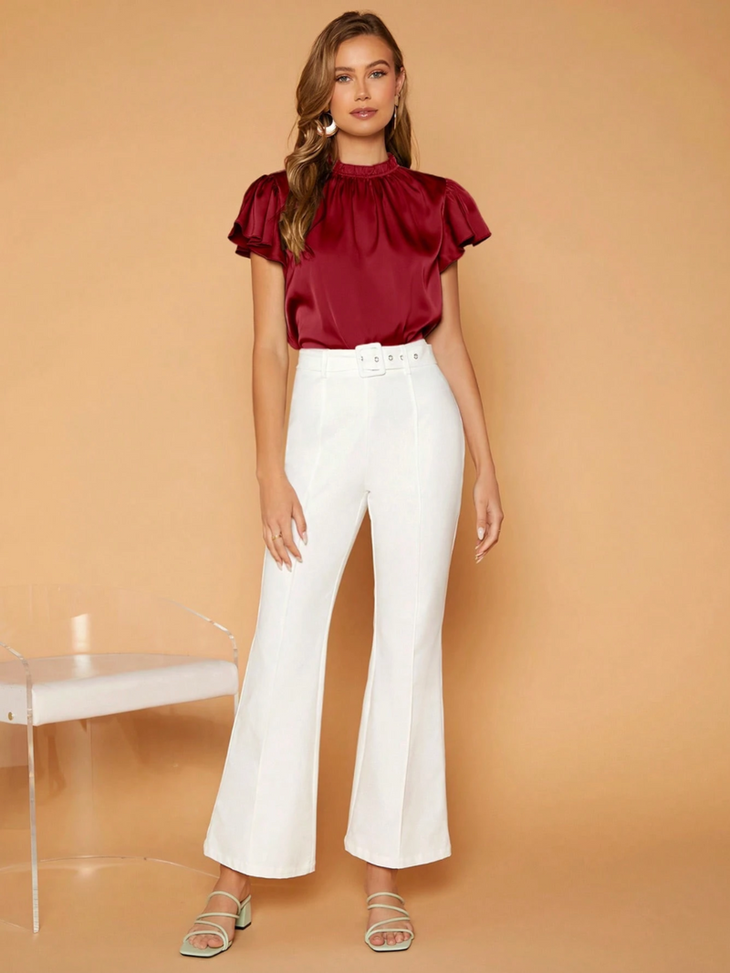 Camille Gathered Neck Blouse – Elegant Puff Sleeve Top in Soft Satin Drape