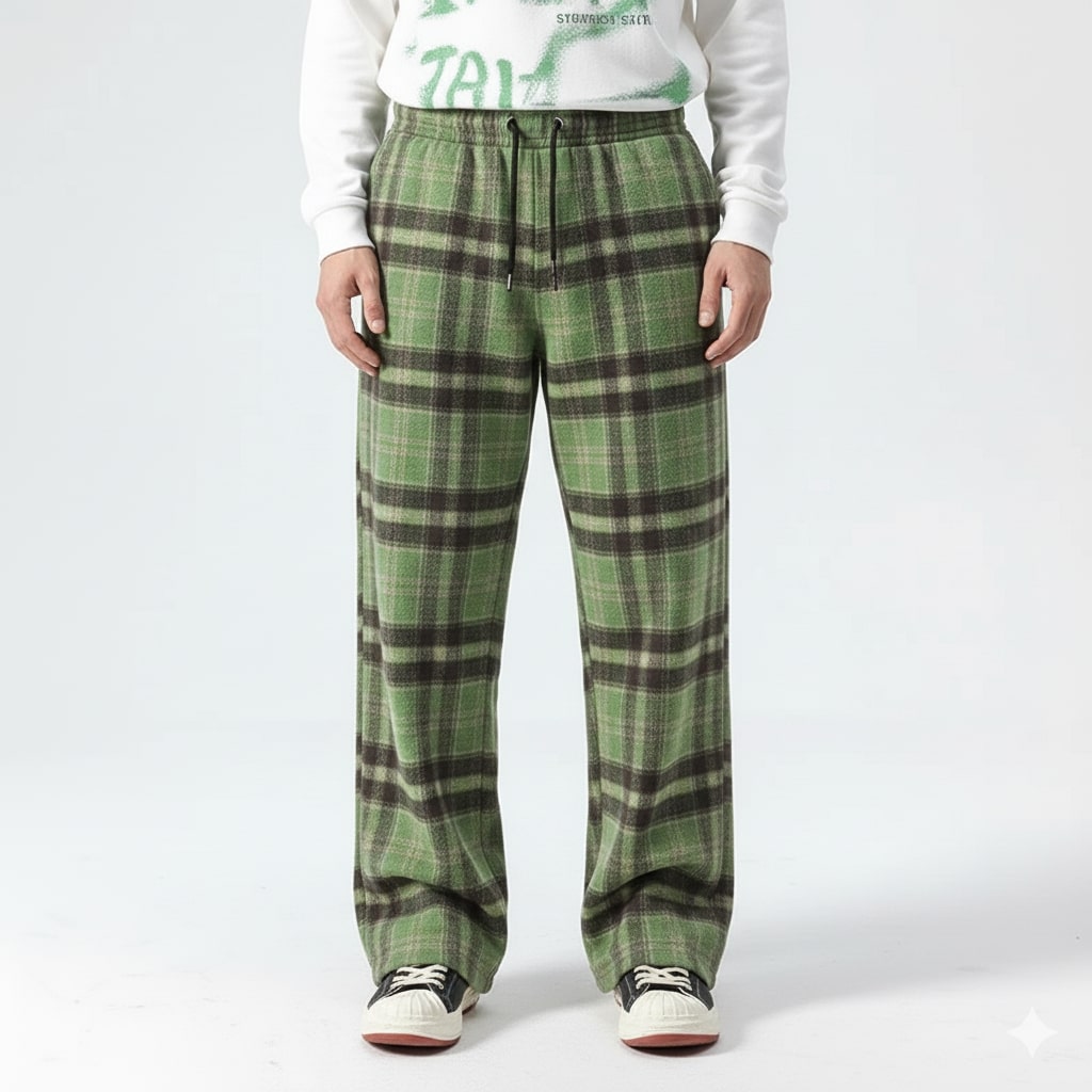 Montari Men’s Sweatpants – Plaid Soft Brushed Cotton Wide-Leg Trousers