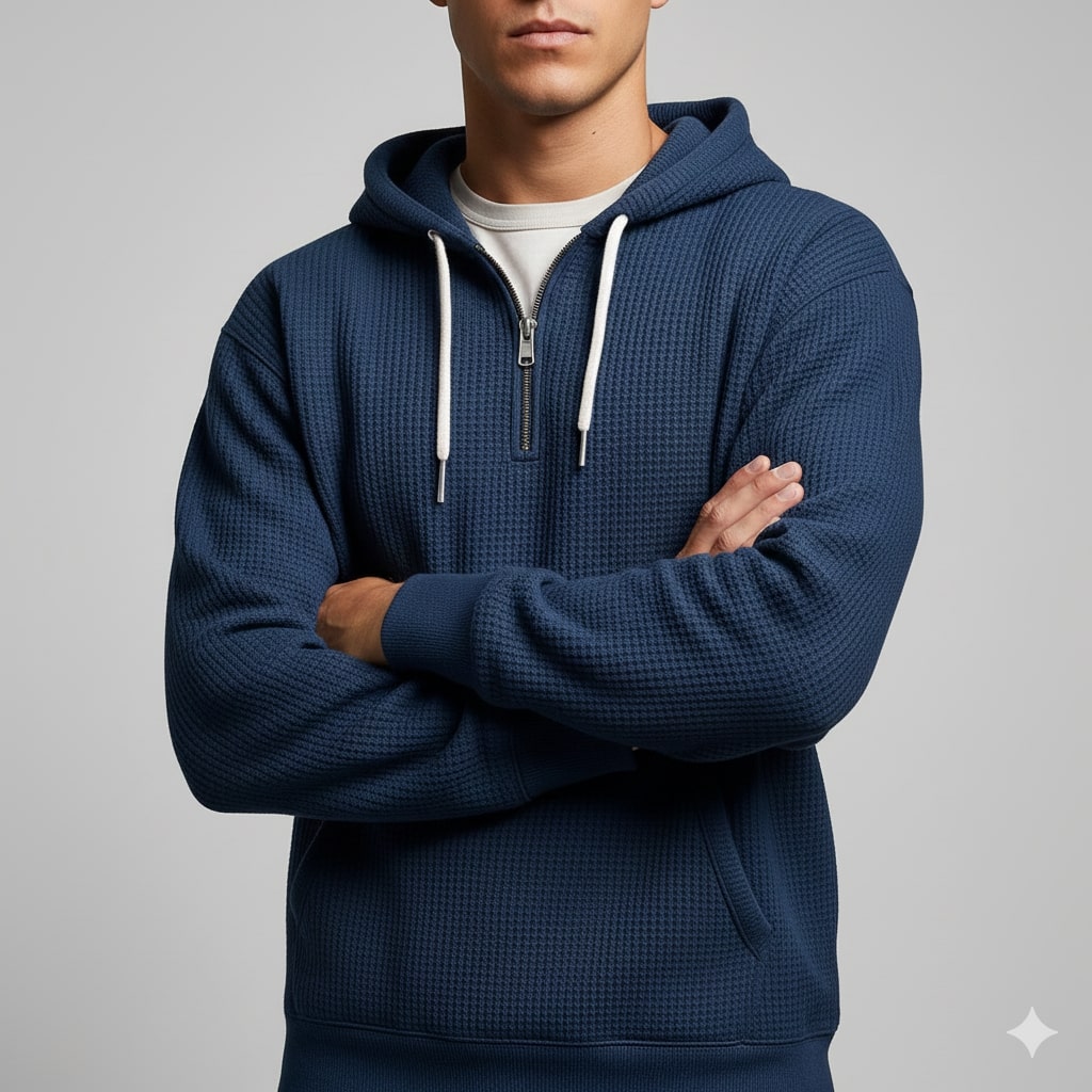 Charles Men’s Waffle Hoodie – Soft Waffle-Knit Half-Zip Sweater for Casual Layering