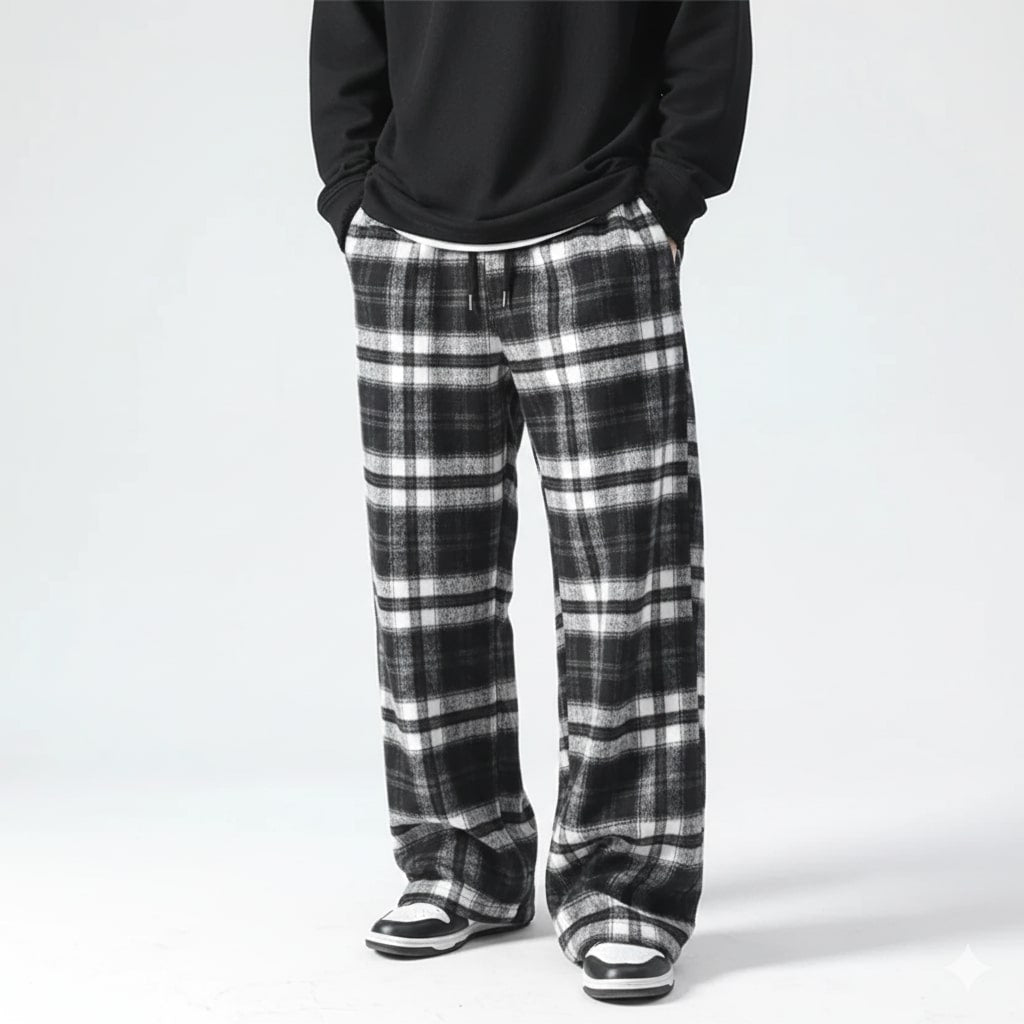 Montari Men’s Sweatpants – Plaid Soft Brushed Cotton Wide-Leg Trousers