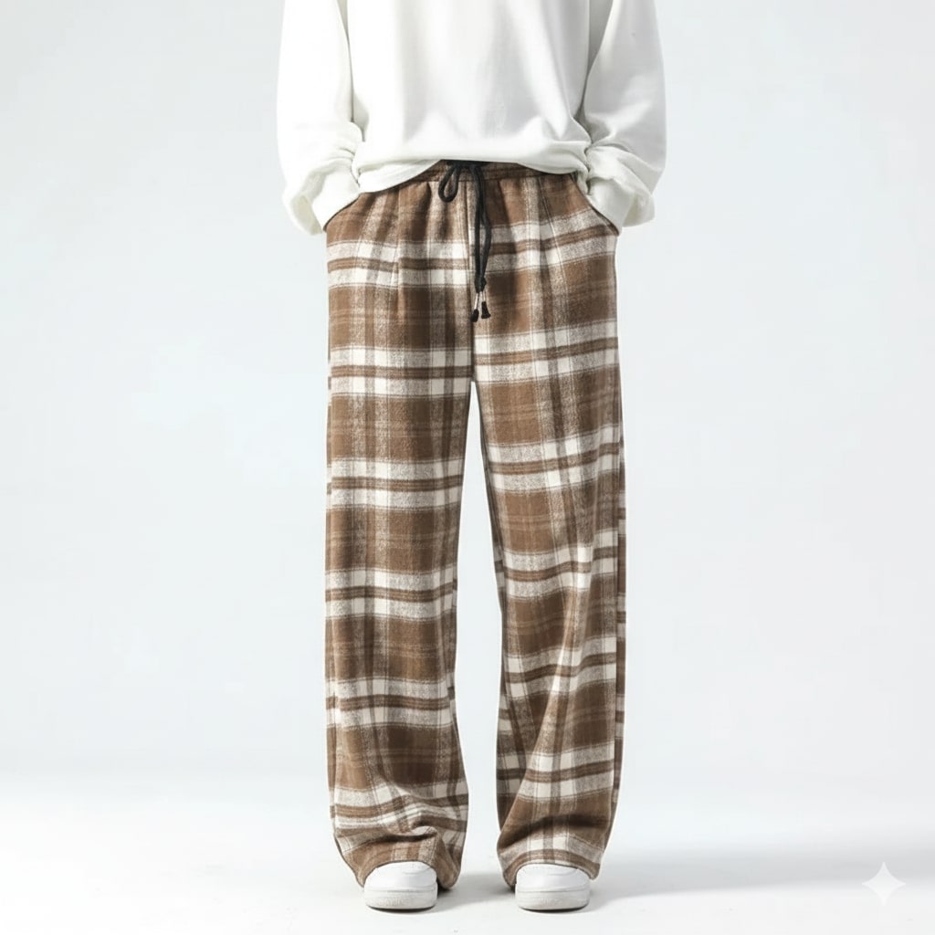 Montari Men’s Sweatpants – Plaid Soft Brushed Cotton Wide-Leg Trousers