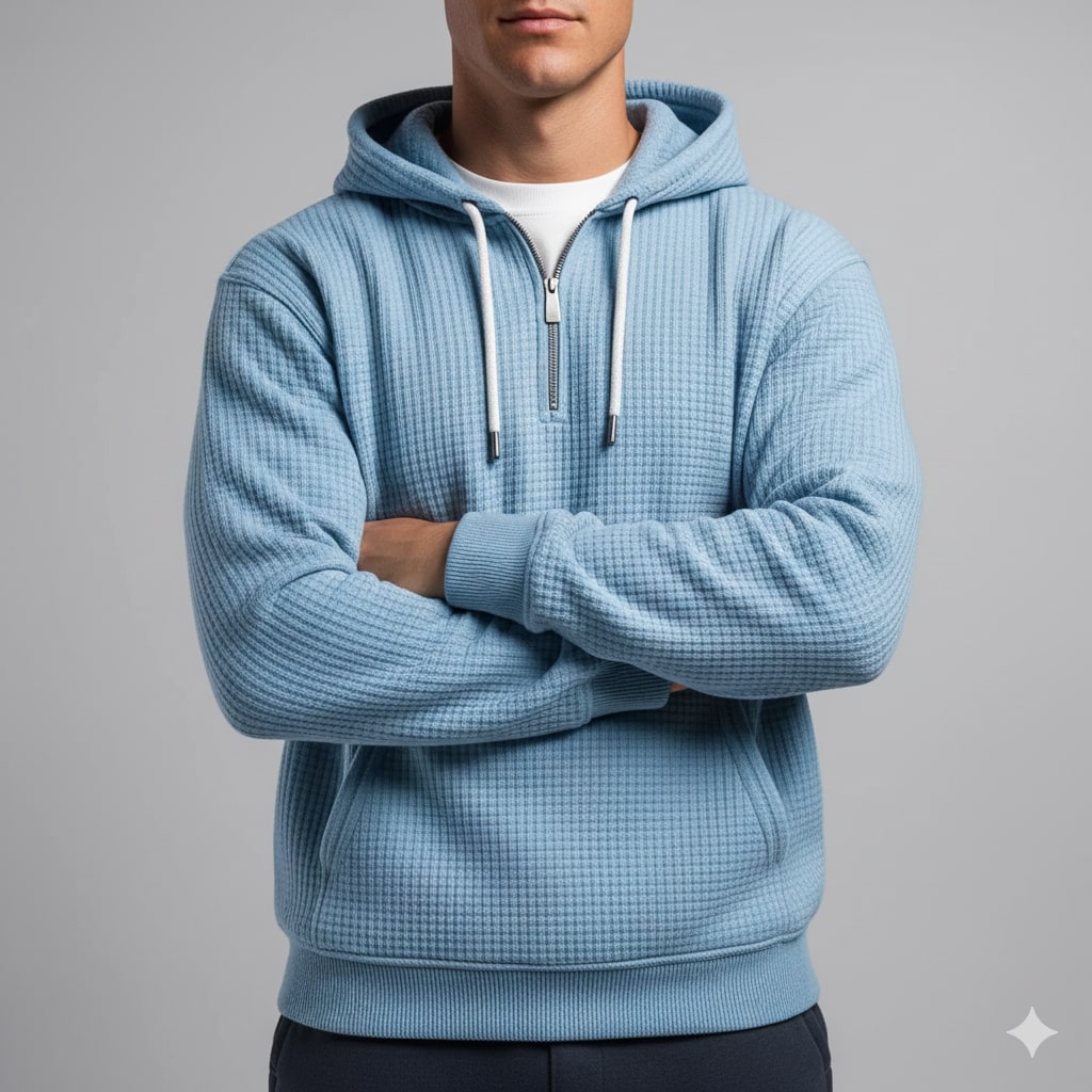 Charles Men’s Waffle Hoodie – Soft Waffle-Knit Half-Zip Sweater for Casual Layering