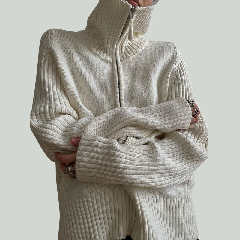 Rosalia Women’s Knit Cardigan – Zip-Through Sweater with Ribbed Collar