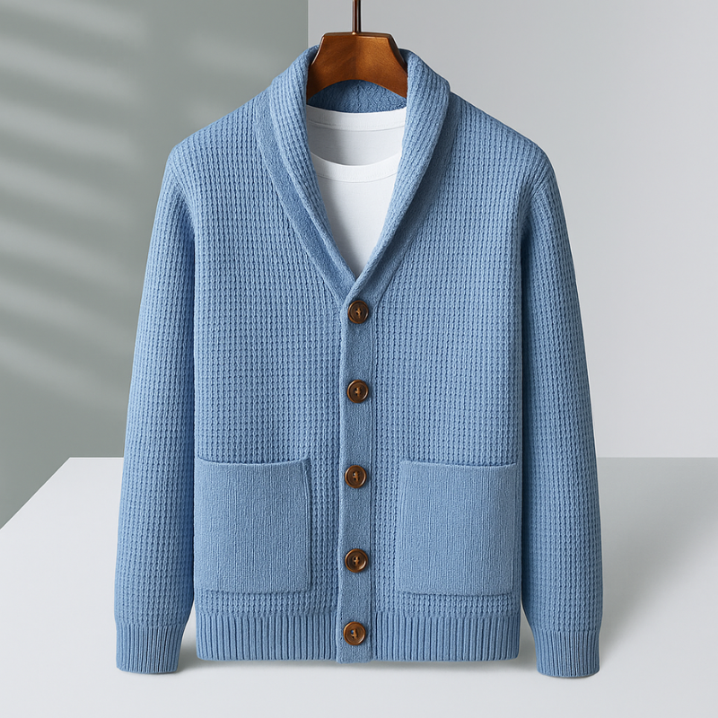 Ezra Men’s Cashmere Cardigan – Waffle Knit Button-Up Cardigan