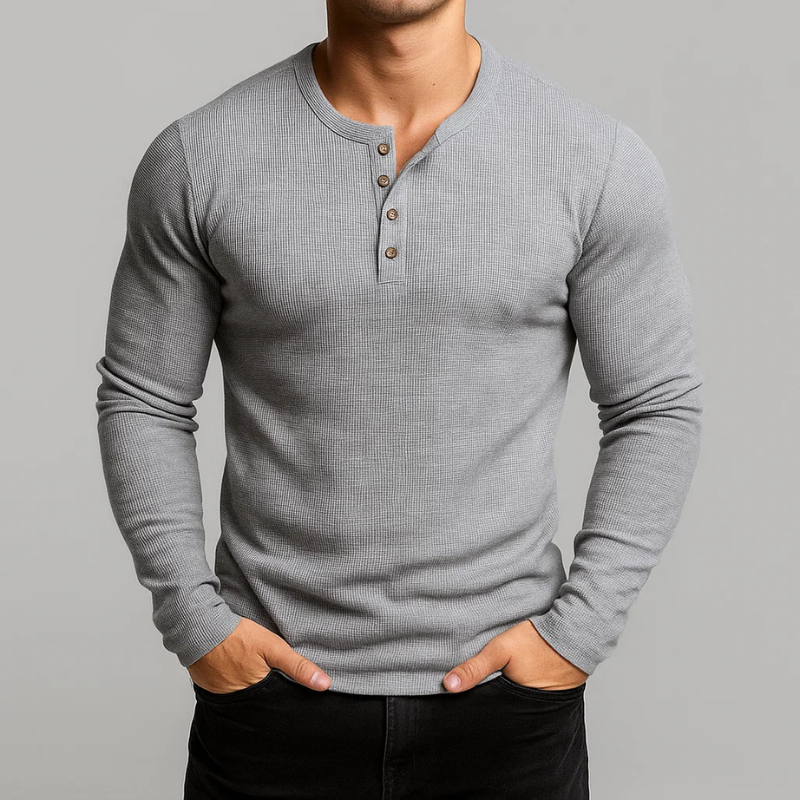 Ellias Men’s Textured Long Sleeve Pullover – Waffle Knit Henley Pullover