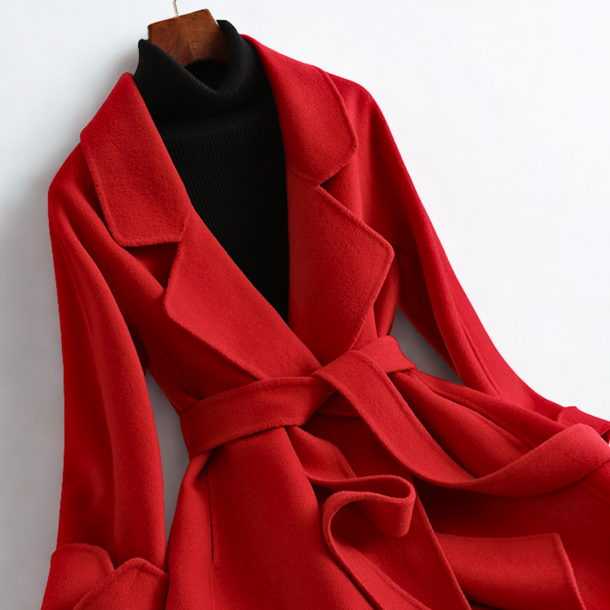 Emilia Women’s Wool Blend Coat – Wide Lapel Collar with Belted Silhouette