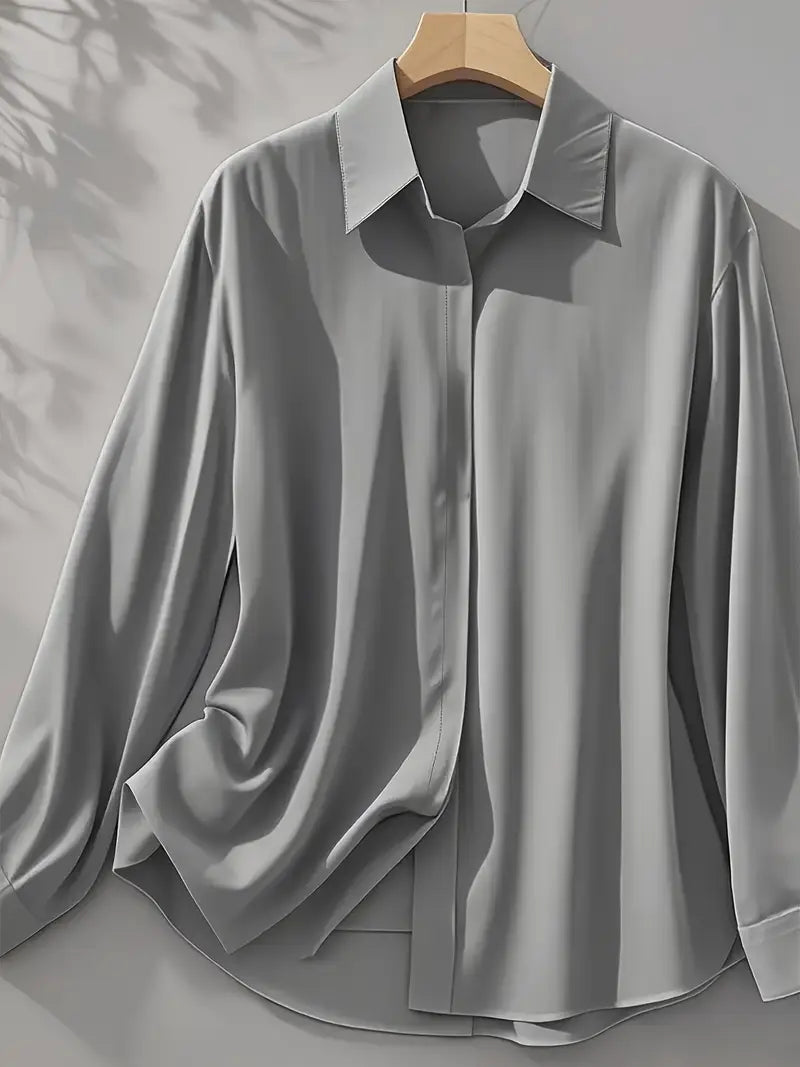 Anjelly Women's Satin Blouse – Solid Color Long Sleeve Lapel Shirt
