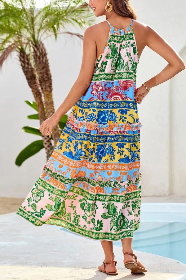 Isla Halter Vacation Dress – Lightweight Floral Maxi with Elegant Neckline for Summer Travel