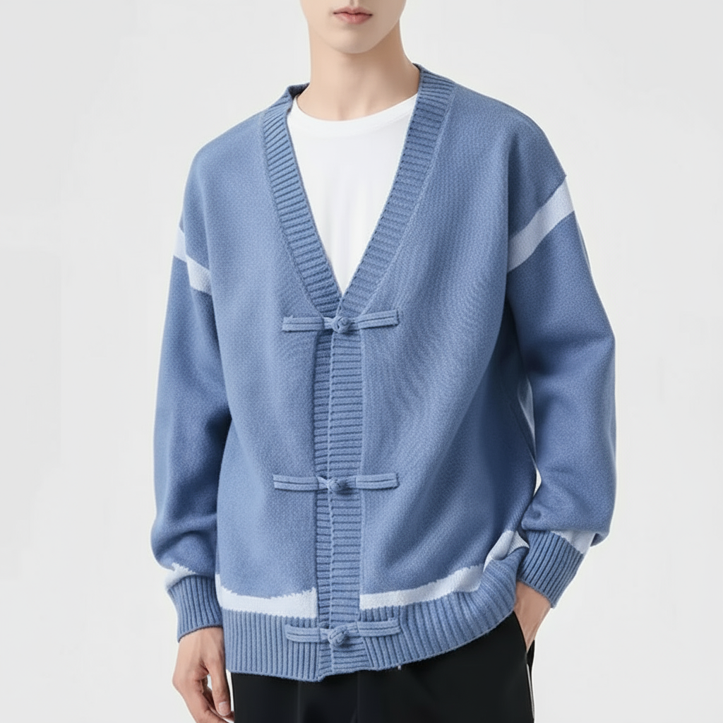Chris Men’s Wool Cardigan – Contrast Stripe Knit with Toggle Closures