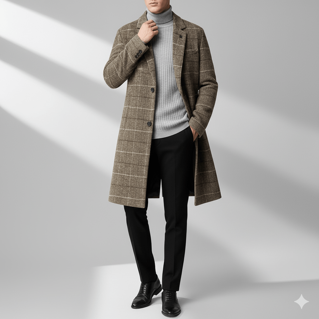 Aldric Men’s Wool Coat – Windowpane Overcoat with Structured Mid-Length Design