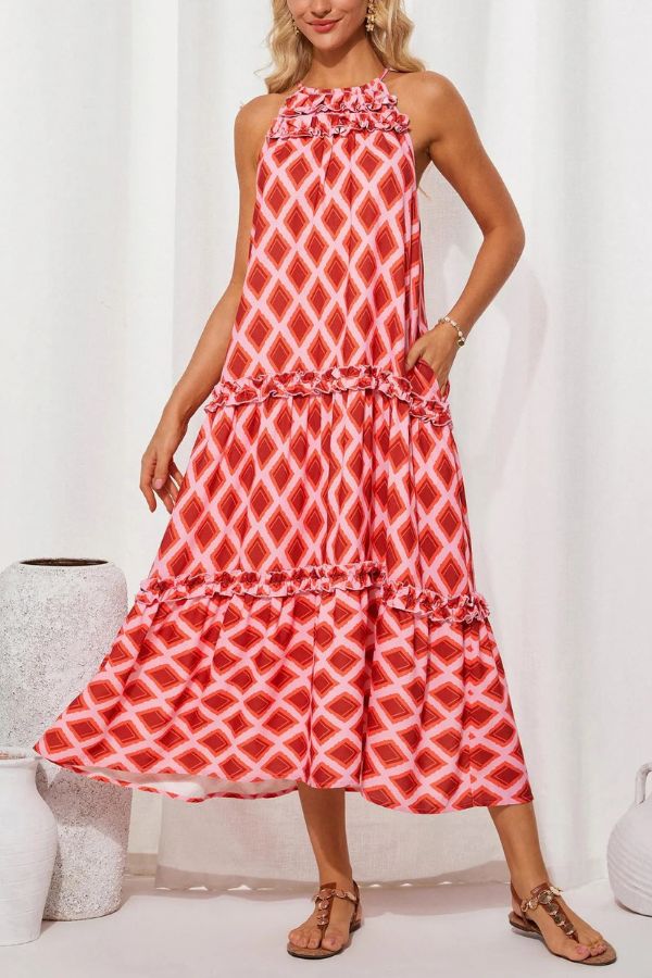 Isla Halter Vacation Dress – Lightweight Floral Maxi with Elegant Neckline for Summer Travel