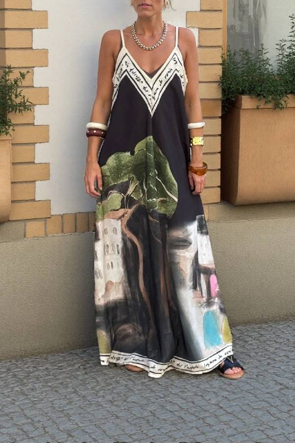 Leona Ink Maxi Dress – Artistic Print Dress with Light Draping for Summer