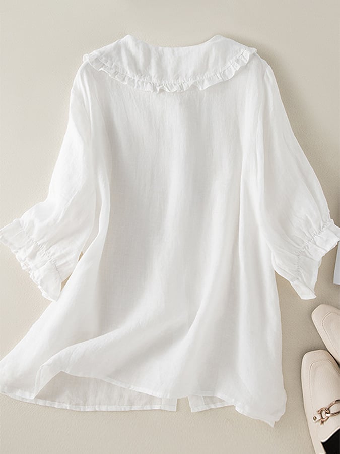 Adelina Ruffle Linen Shirt – Women’s Peter Pan Collar Cotton Blend Top