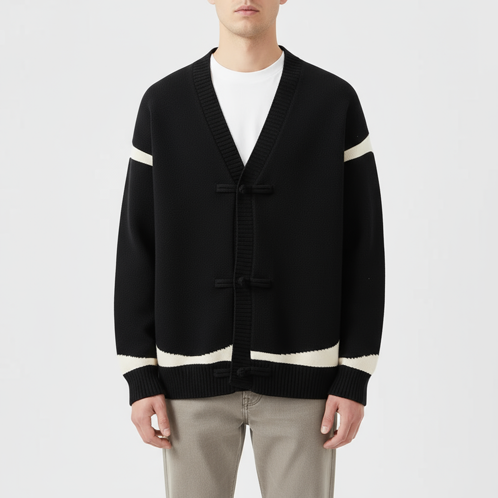 Chris Men’s Wool Cardigan – Contrast Stripe Knit with Toggle Closures