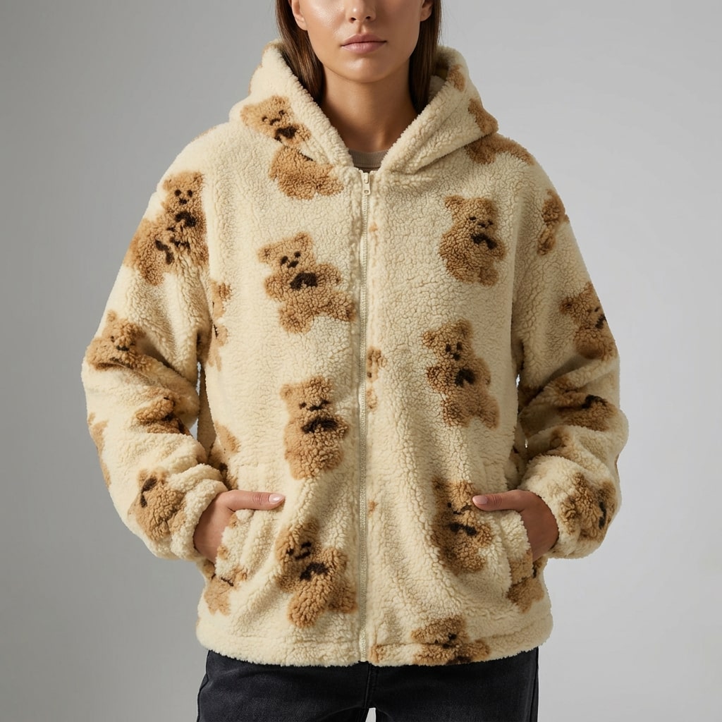 Maine Women’s Sherpa Jacket – Oversized Fleece Hooded Teddy Jacket with Full Zip