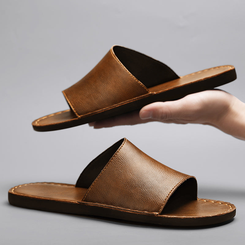 Romeo Genuine Leather Slide Sandal – Hand-Sewn Cushioned Summer Footwear