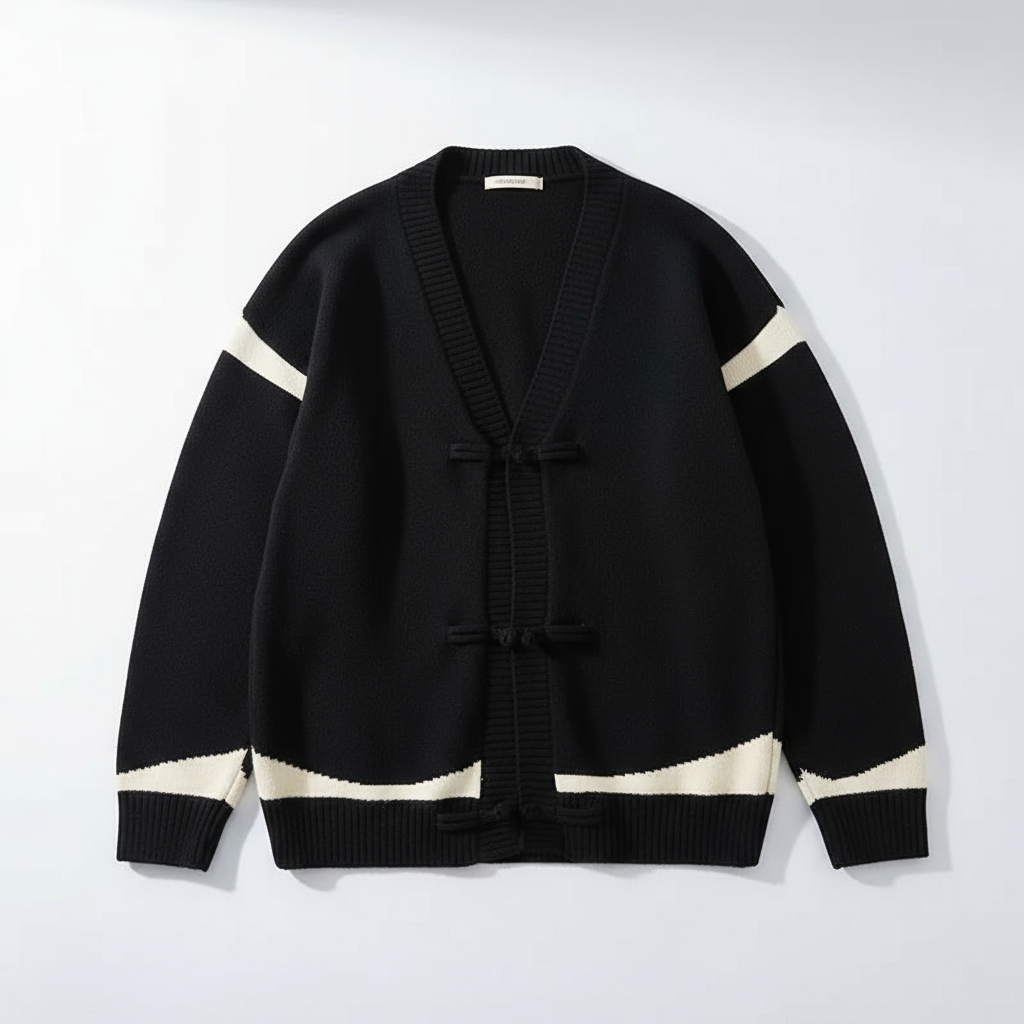 Chris Men’s Wool Cardigan – Contrast Stripe Knit with Toggle Closures