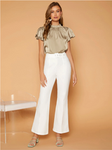 Camille Gathered Neck Blouse – Elegant Puff Sleeve Top in Soft Satin Drape