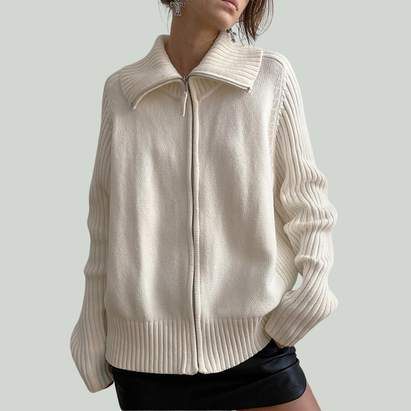 Rosalia Women’s Knit Cardigan – Zip-Through Sweater with Ribbed Collar