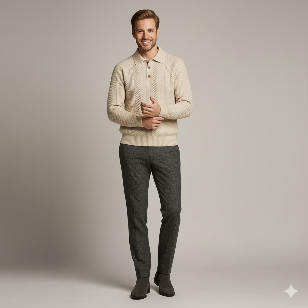 Franco Men’s Knit Polo Sweater – Herringbone Textured Pullover