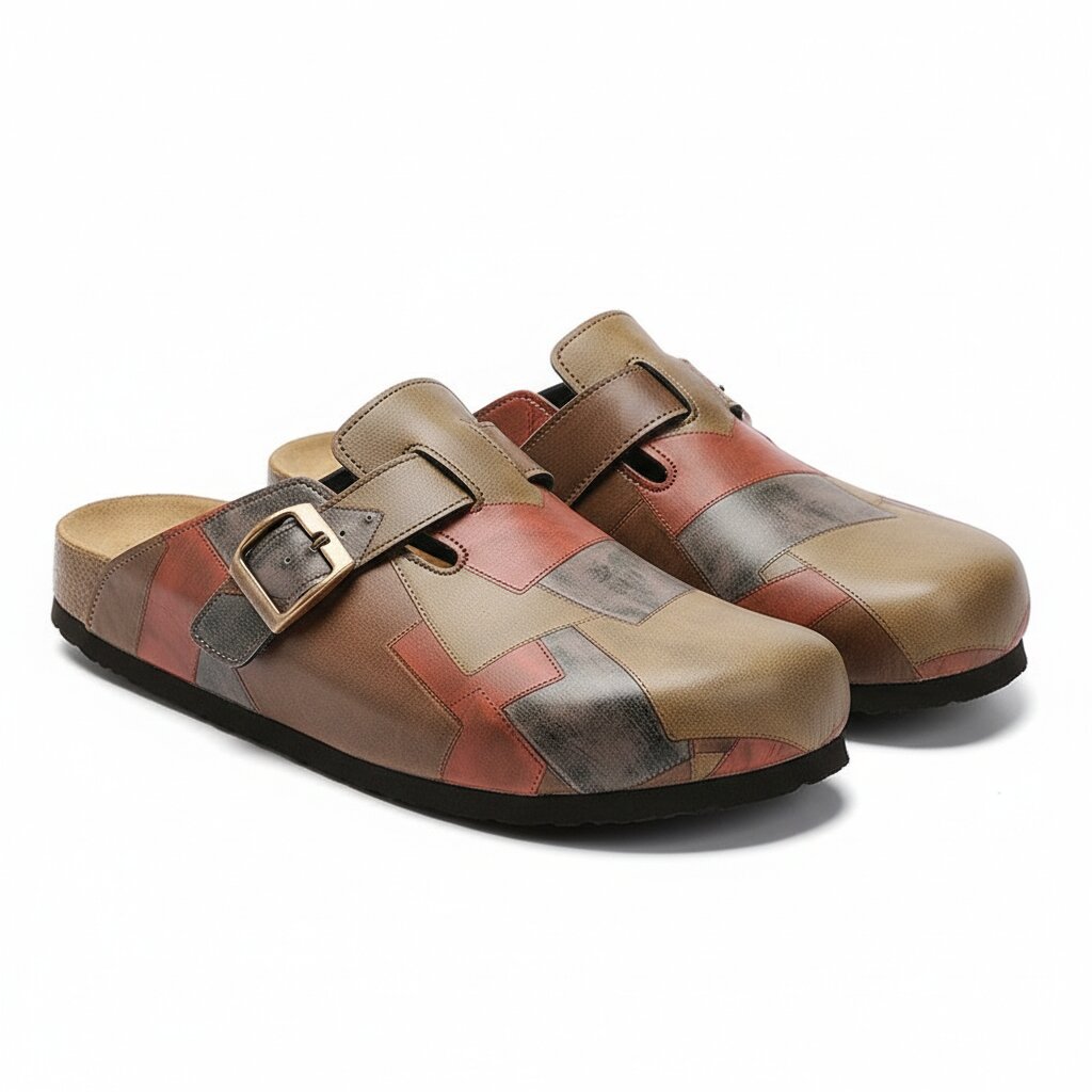 Gavin Genuine Leather Patchwork Clogs – Buckled Slip-On Casual Shoes