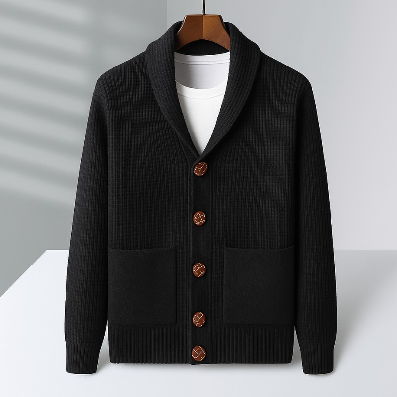 Ezra Men’s Cashmere Cardigan – Waffle Knit Button-Up Cardigan