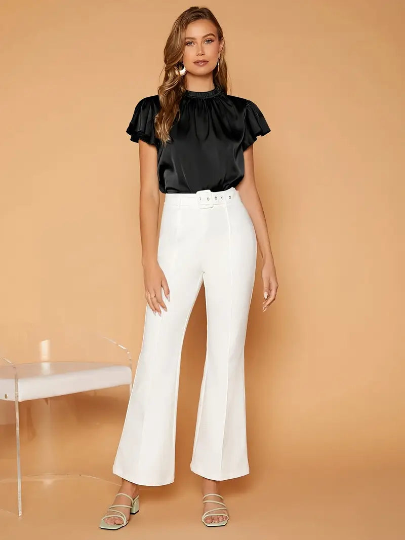 Camille Gathered Neck Blouse – Elegant Puff Sleeve Top in Soft Satin Drape