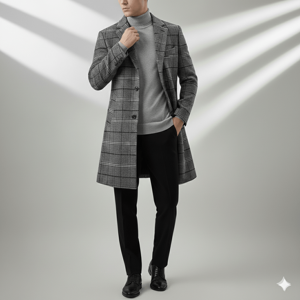 Aldric Men’s Wool Coat – Windowpane Overcoat with Structured Mid-Length Design