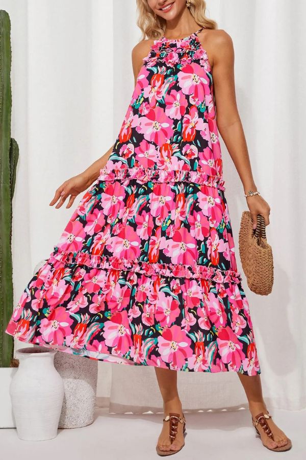 Isla Halter Vacation Dress – Lightweight Floral Maxi with Elegant Neckline for Summer Travel