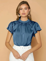 Camille Gathered Neck Blouse – Elegant Puff Sleeve Top in Soft Satin Drape