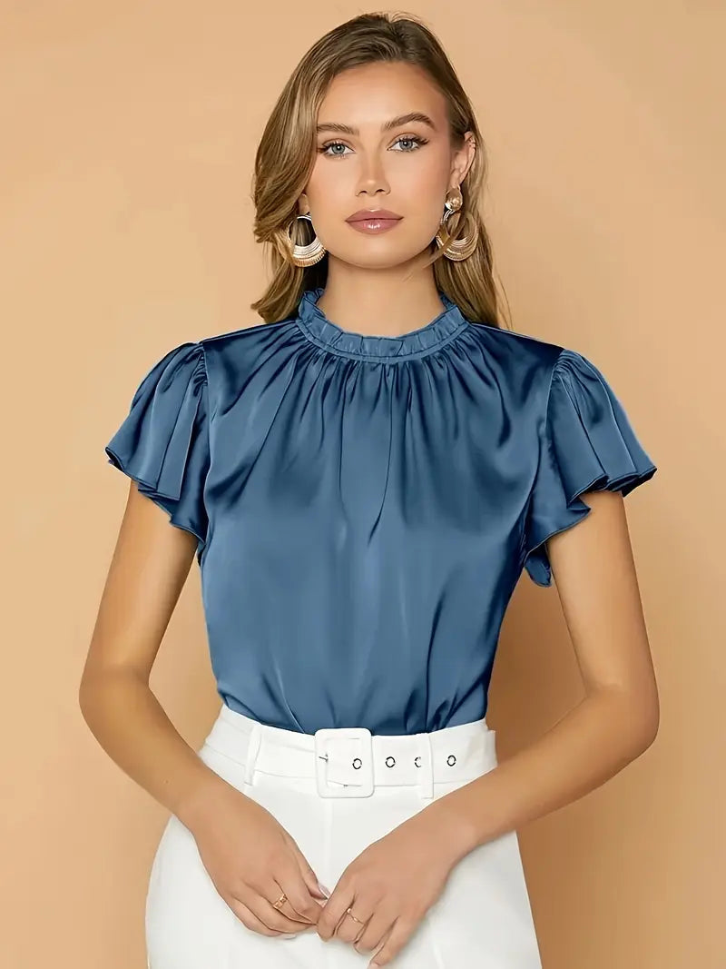 Camille Gathered Neck Blouse – Elegant Puff Sleeve Top in Soft Satin Drape