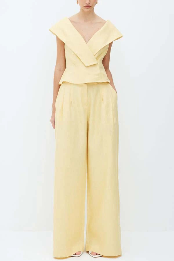 Soraya Linen Set – Off-Shoulder Top & Wide-Leg Pants for Elegant Evenings