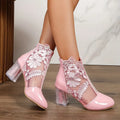 Addison Ladies Ankle Boots – Patent Leather & Floral Embroidered Mesh with Crystal Heel