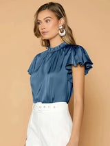 Camille Gathered Neck Blouse – Elegant Puff Sleeve Top in Soft Satin Drape