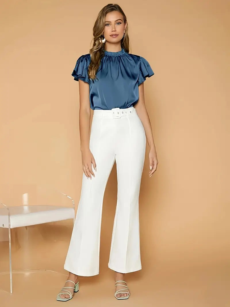 Camille Gathered Neck Blouse – Elegant Puff Sleeve Top in Soft Satin Drape