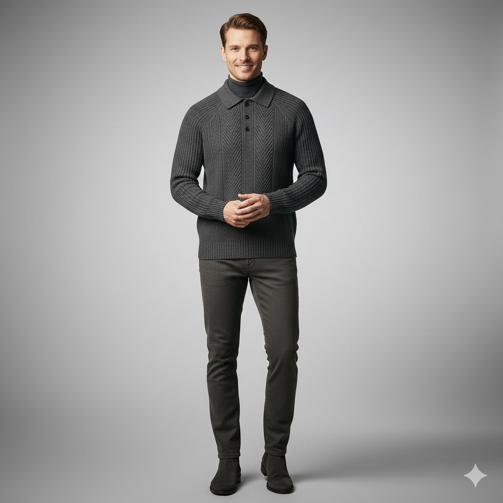 Franco Men’s Knit Polo Sweater – Herringbone Textured Pullover