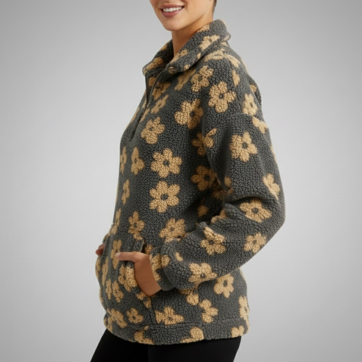Eliza Women's Fleece Pullover – Floral Soft Half-Zip Oversized Winter Pullover