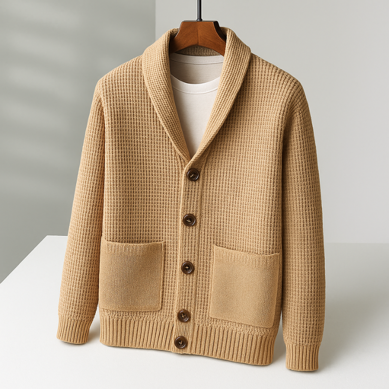 Ezra Men’s Cashmere Cardigan – Waffle Knit Button-Up Cardigan