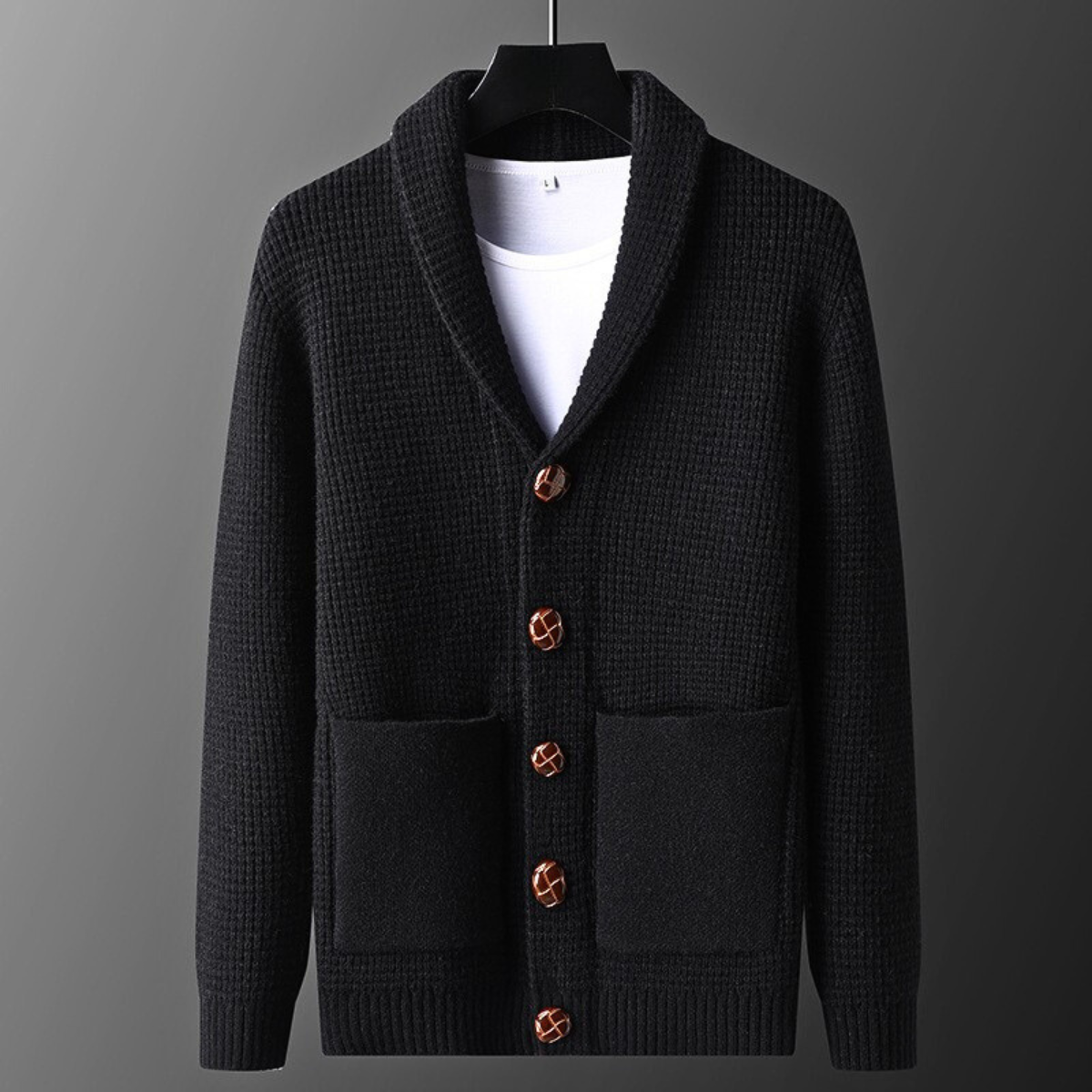 Maddox Men’s Knit Cardigan – Waffle Weave with Leather Button Detail