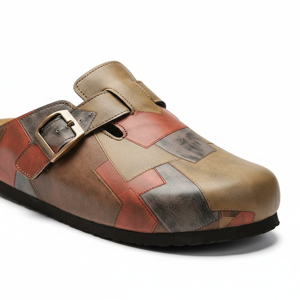 Gavin Genuine Leather Patchwork Clogs – Buckled Slip-On Casual Shoes