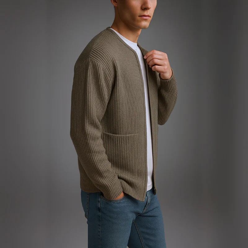Zoren Men’s Knit Cardigan – Zip Up Sweater with Front Patch Pockets
