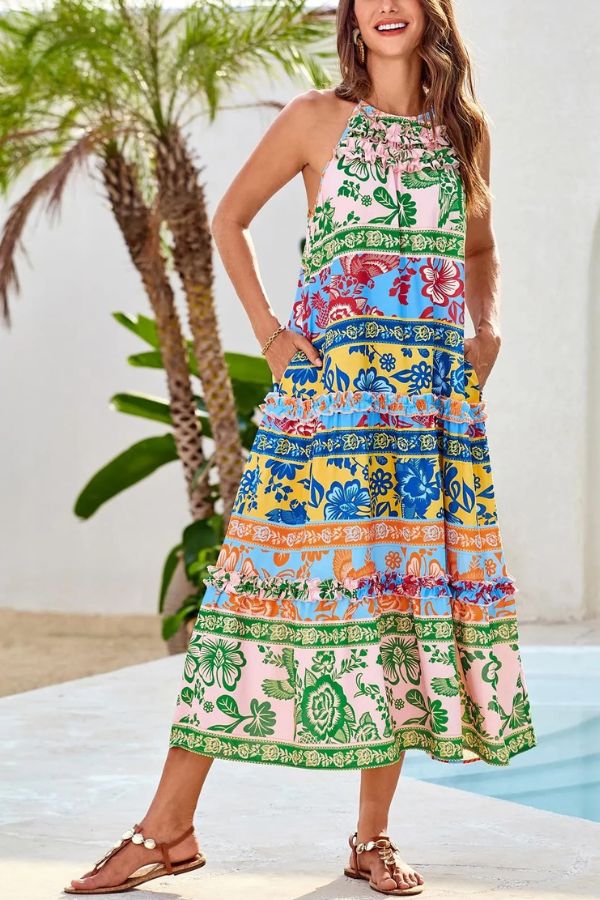 Isla Halter Vacation Dress – Lightweight Floral Maxi with Elegant Neckline for Summer Travel