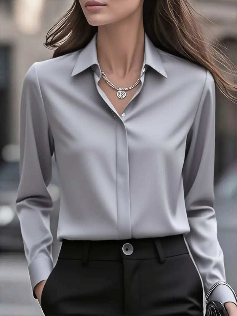 Anjelly Women's Satin Blouse – Solid Color Long Sleeve Lapel Shirt