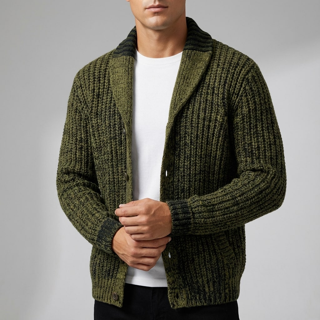 Marcus Men’s Cardigan – Chunky Knit Button-Up Shawl Collar Cardigan